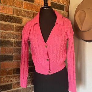 New Candy Pink Cable Knit Cropped Cardigan Collared Sweater‎ 3S43606 Small